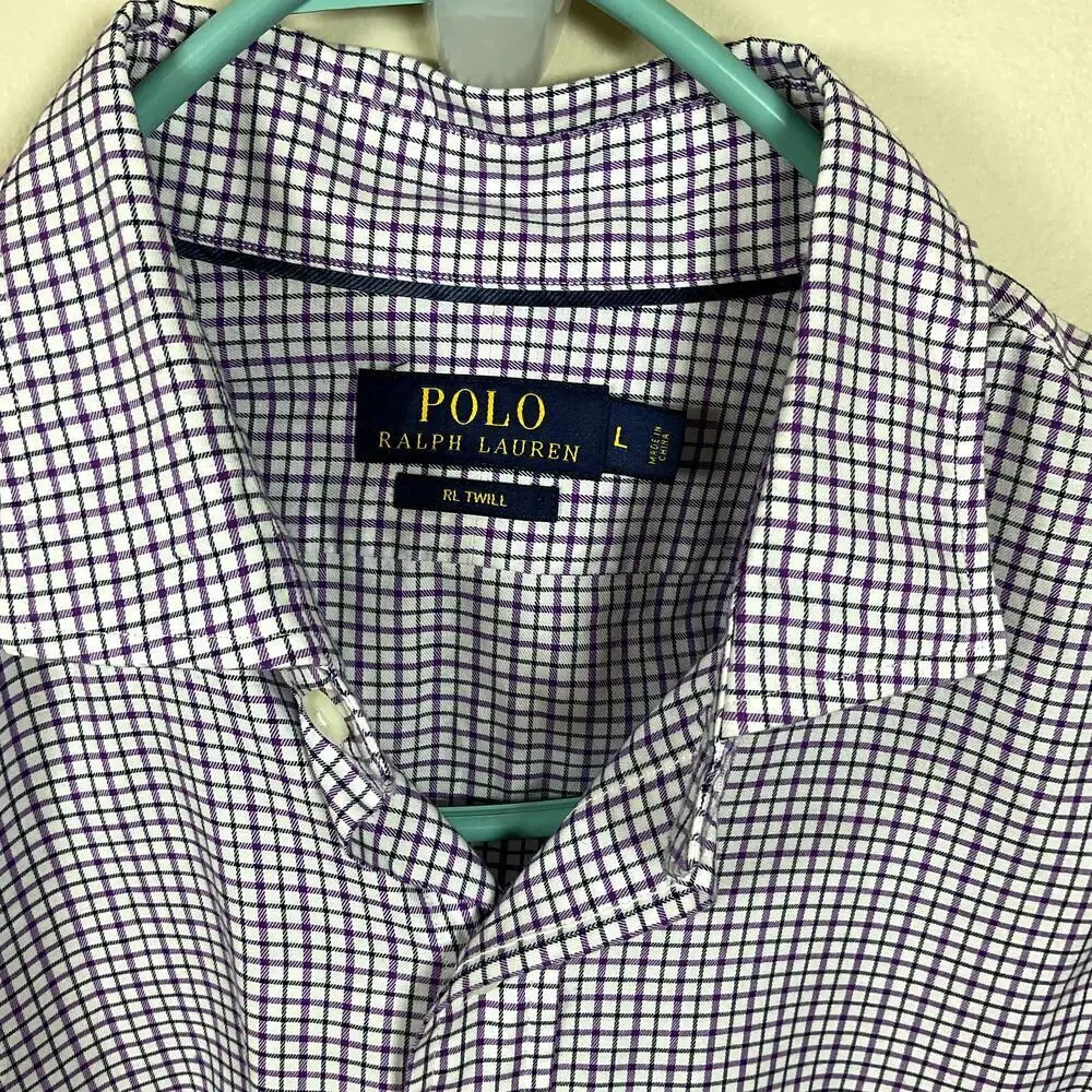 POLO RALPH LAUREN Men's RL Twill Purple Checked Plaid Button‎ Down Shirt Size L